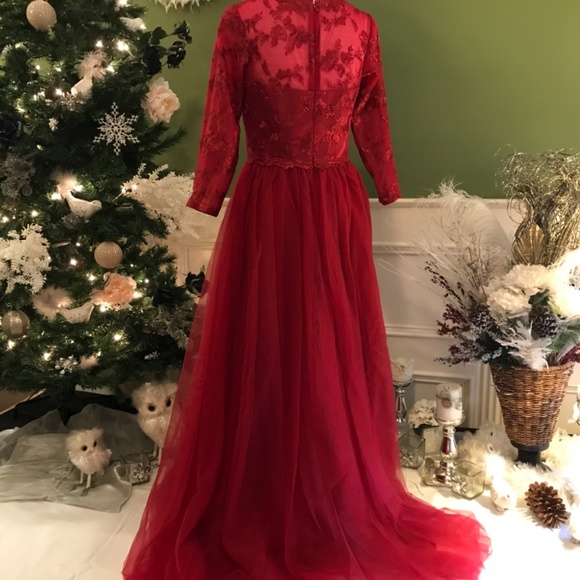 Sale 🎄Formal evening Red tulle with 3/4 sleeves Holiday dress - Picture 5 of 8